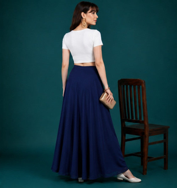 Women's Georgette Solid Mid-Rise Wide Leg Flared Palazzo with Elastic Waist (Navy Blue) - POPNOVA women's bottom wear