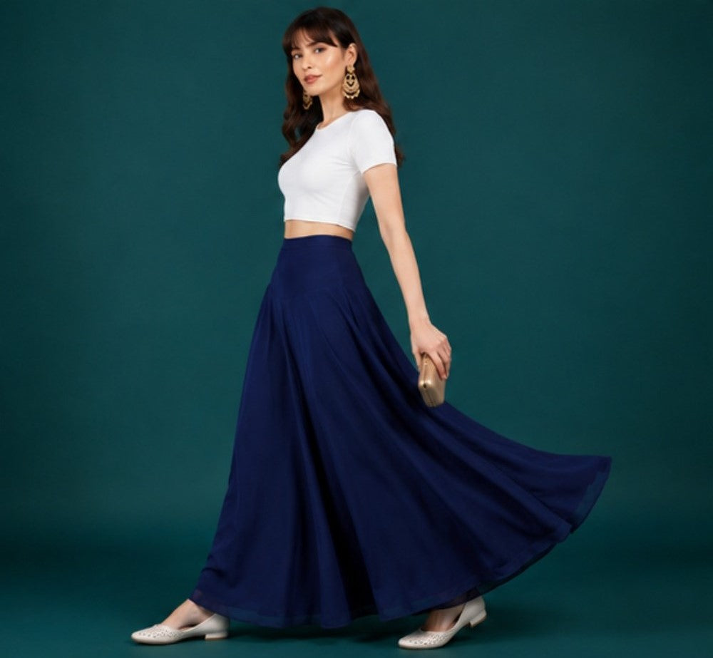 Women's Georgette Solid Mid-Rise Wide Leg Flared Palazzo with Elastic Waist (Navy Blue) - POPNOVA women's bottom wear