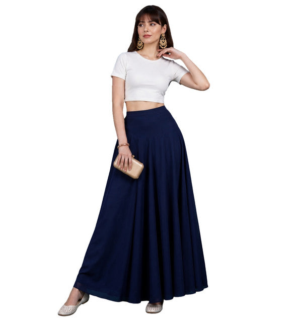 Women's Georgette Solid Mid-Rise Wide Leg Flared Palazzo with Elastic Waist (Navy Blue) - POPNOVA women's bottom wear
