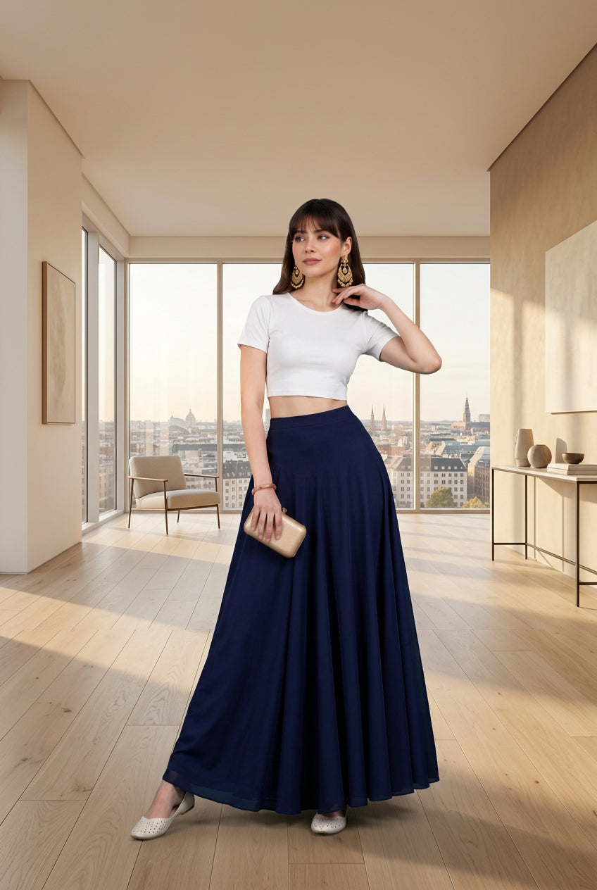 Women's Georgette Solid Mid-Rise Wide Leg Flared Palazzo with Elastic Waist (Navy Blue) - POPNOVA women's bottom wear