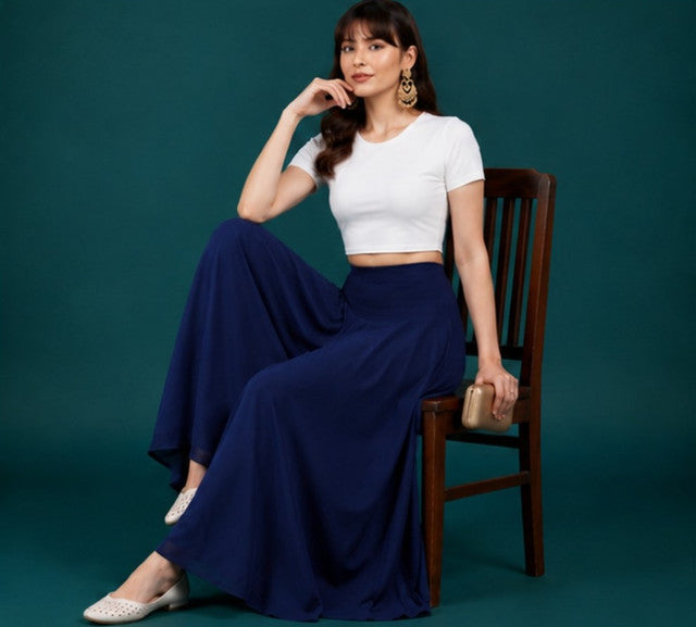 Women's Georgette Solid Mid-Rise Wide Leg Flared Palazzo with Elastic Waist (Navy Blue) - POPNOVA women's bottom wear
