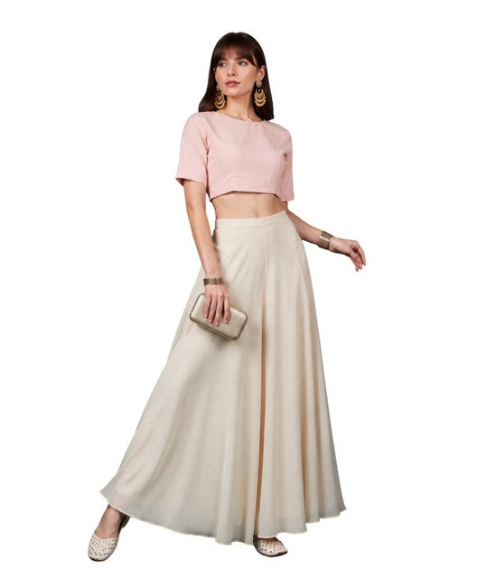 Women's Georgette Solid Mid-Rise Wide Leg Flared Palazzo with Elastic Waist (Cream) - POPNOVA women's bottom wear