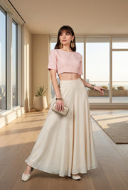Women's Georgette Solid Mid-Rise Wide Leg Flared Palazzo with Elastic Waist (Cream) - POPNOVA women's bottom wear