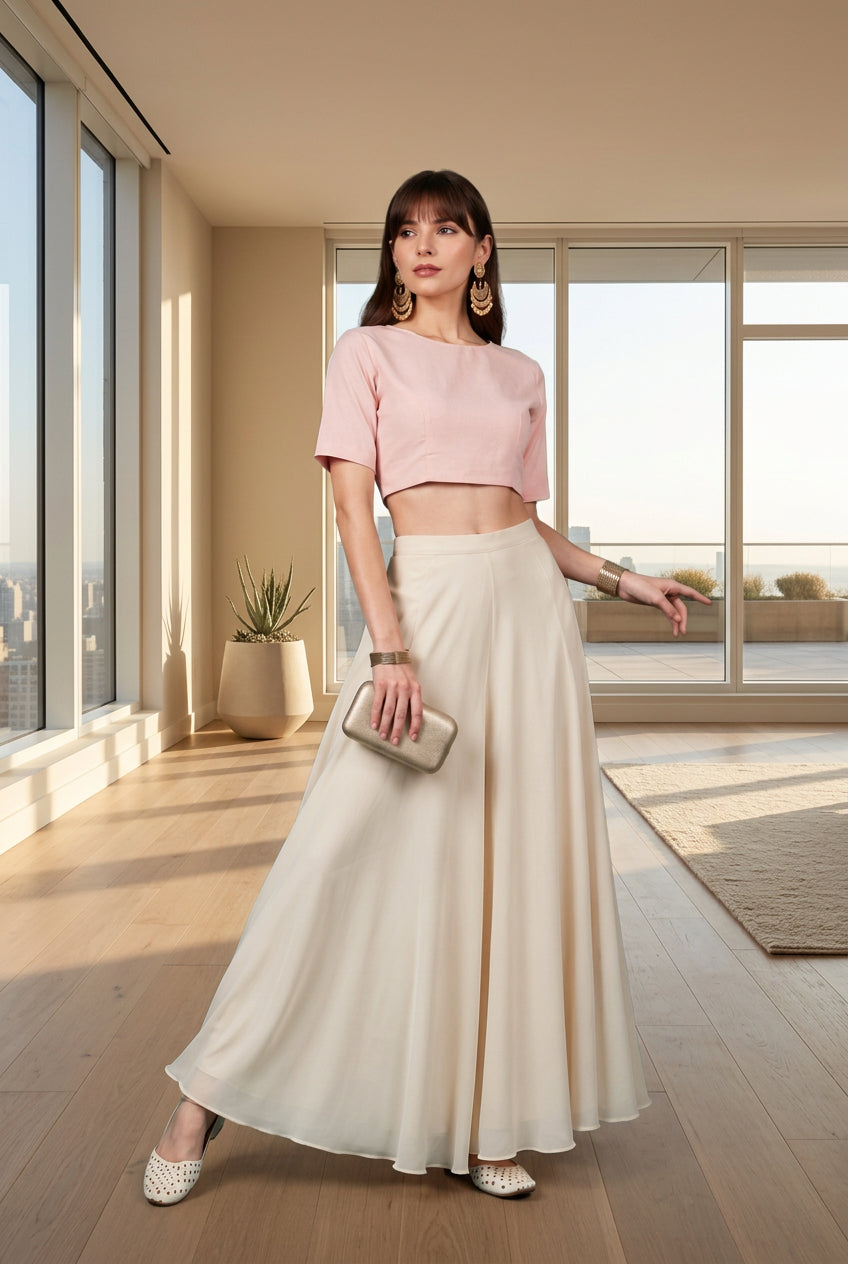 Women's Georgette Solid Mid-Rise Wide Leg Flared Palazzo with Elastic Waist (Cream) - POPNOVA women's bottom wear