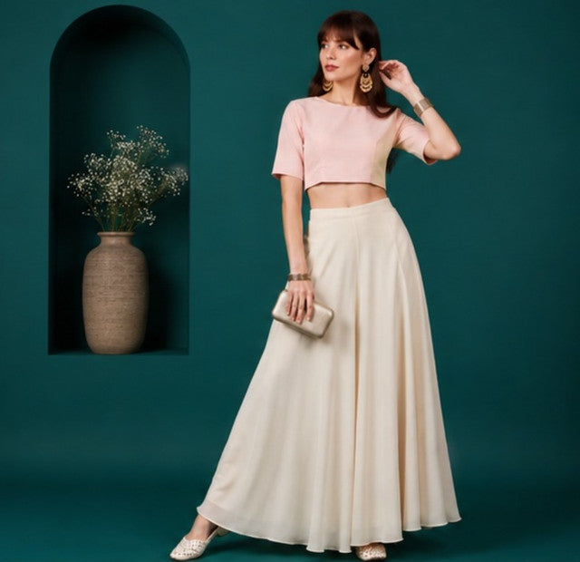 Women's Georgette Solid Mid-Rise Wide Leg Flared Palazzo with Elastic Waist (Cream) - POPNOVA women's bottom wear