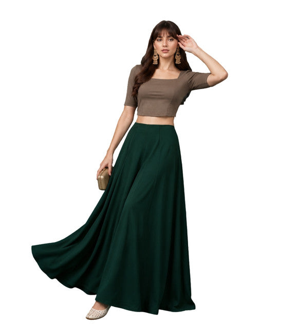 Women's Georgette Solid Mid-Rise Wide Leg Flared Palazzo with Elastic Waist (Bottle Green) - POPNOVA women's bottom wear