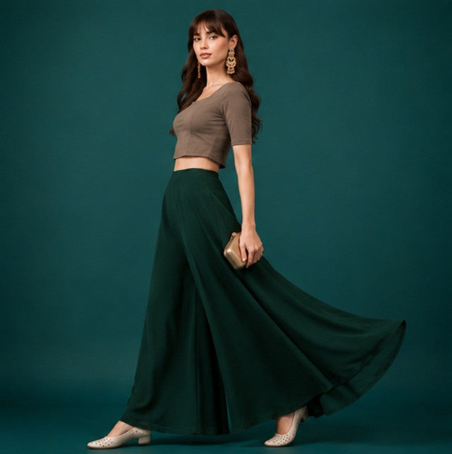 Women's Georgette Solid Mid-Rise Wide Leg Flared Palazzo with Elastic Waist (Bottle Green) - POPNOVA women's bottom wear