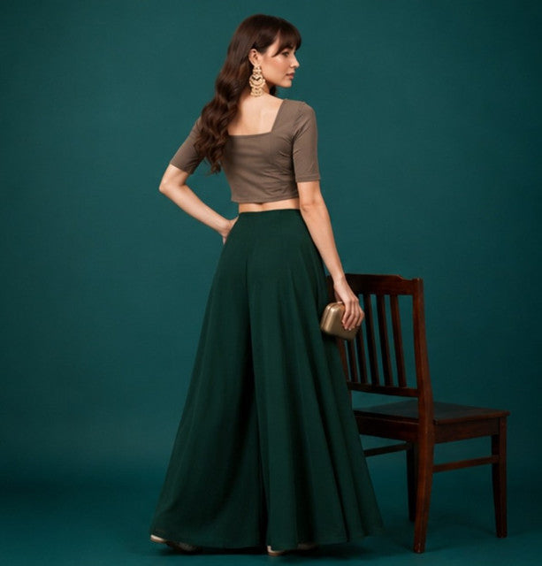 Women's Georgette Solid Mid-Rise Wide Leg Flared Palazzo with Elastic Waist (Bottle Green) - POPNOVA women's bottom wear