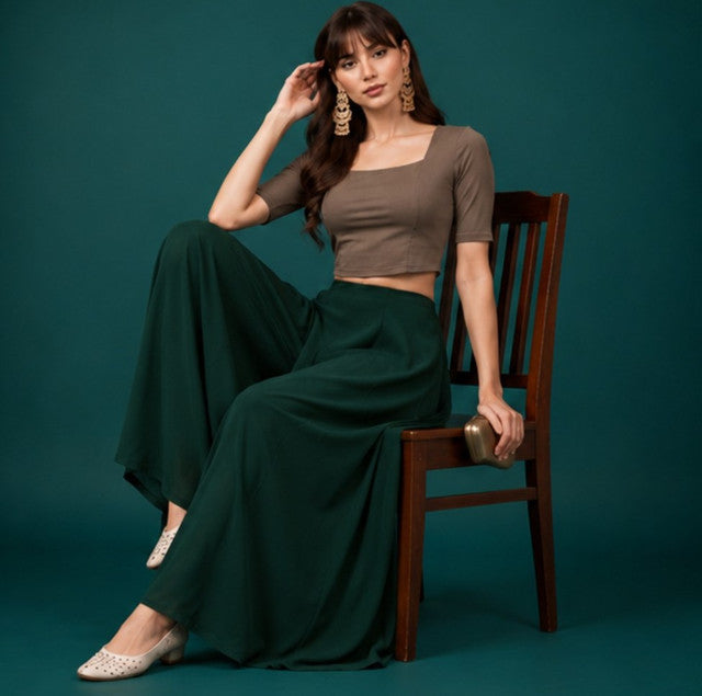 Women's Georgette Solid Mid-Rise Wide Leg Flared Palazzo with Elastic Waist (Bottle Green) - POPNOVA women's bottom wear