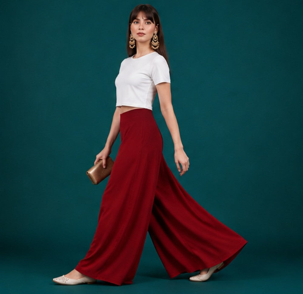 Women's Georgette Solid Mid-Rise Wide Leg Flared Palazzo with Elastic Waist (Maroon) - POPNOVA women's bottom wear
