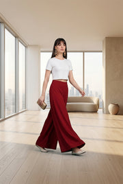 Women's Georgette Solid Mid-Rise Wide Leg Flared Palazzo with Elastic Waist (Maroon) - POPNOVA women's bottom wear