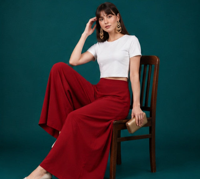 Women's Georgette Solid Mid-Rise Wide Leg Flared Palazzo with Elastic Waist (Maroon) - POPNOVA women's bottom wear