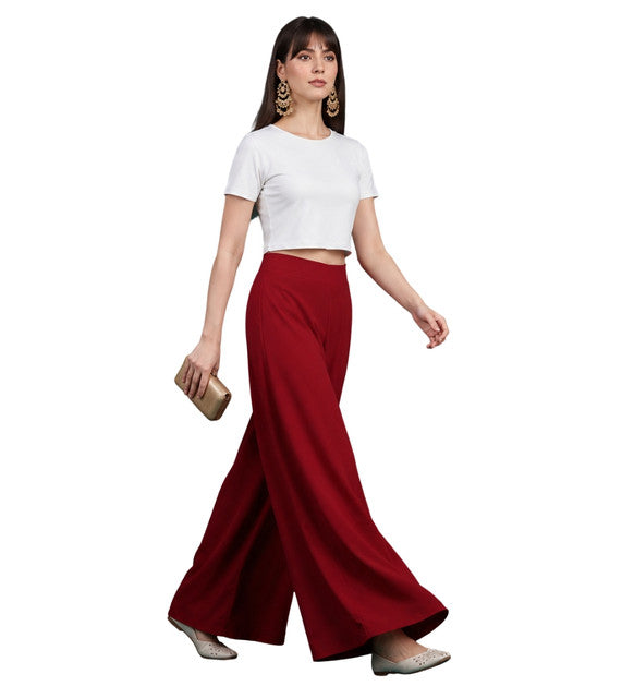 Women's Georgette Solid Mid-Rise Wide Leg Flared Palazzo with Elastic Waist (Maroon) - POPNOVA women's bottom wear