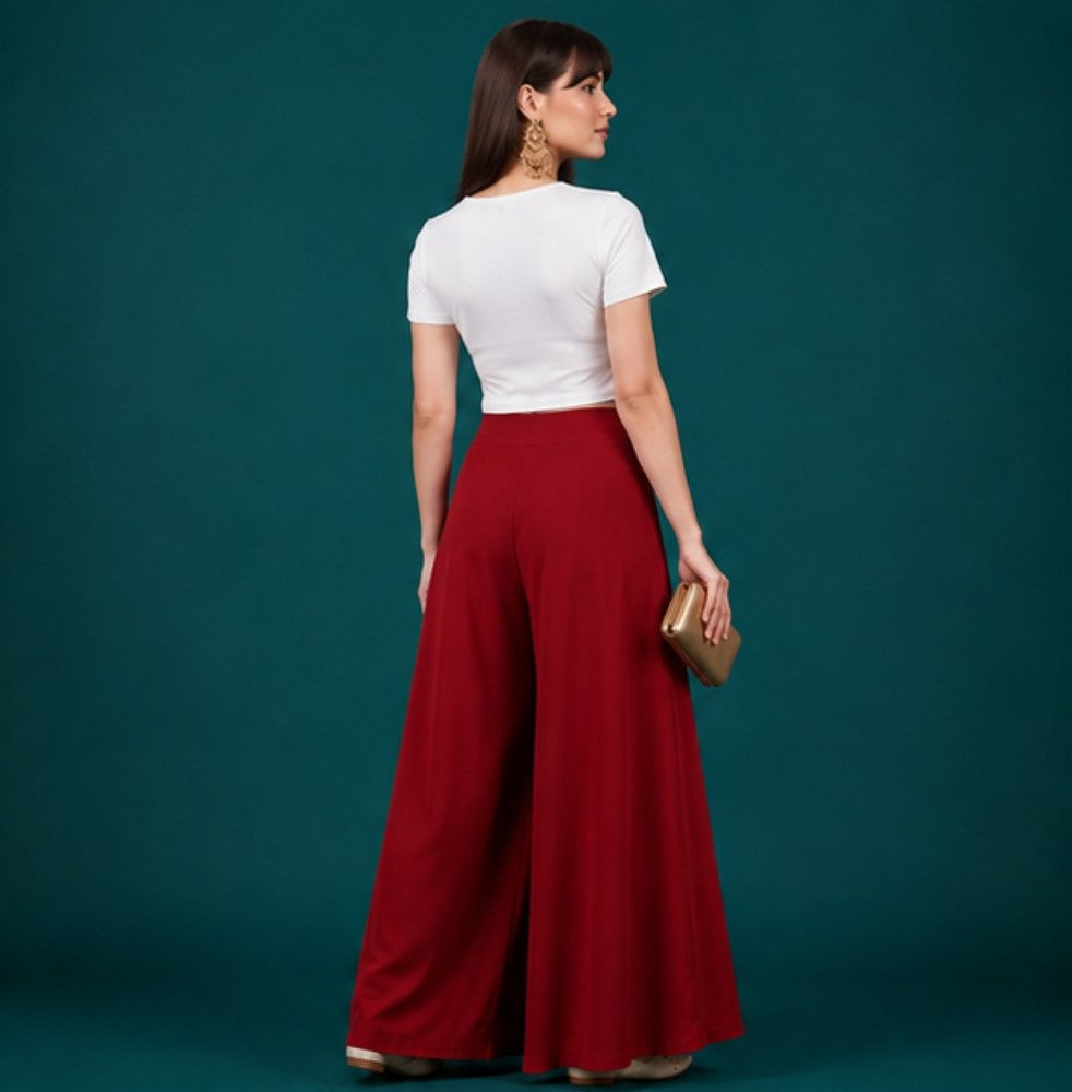 Women's Georgette Solid Mid-Rise Wide Leg Flared Palazzo with Elastic Waist (Maroon) - POPNOVA women's bottom wear