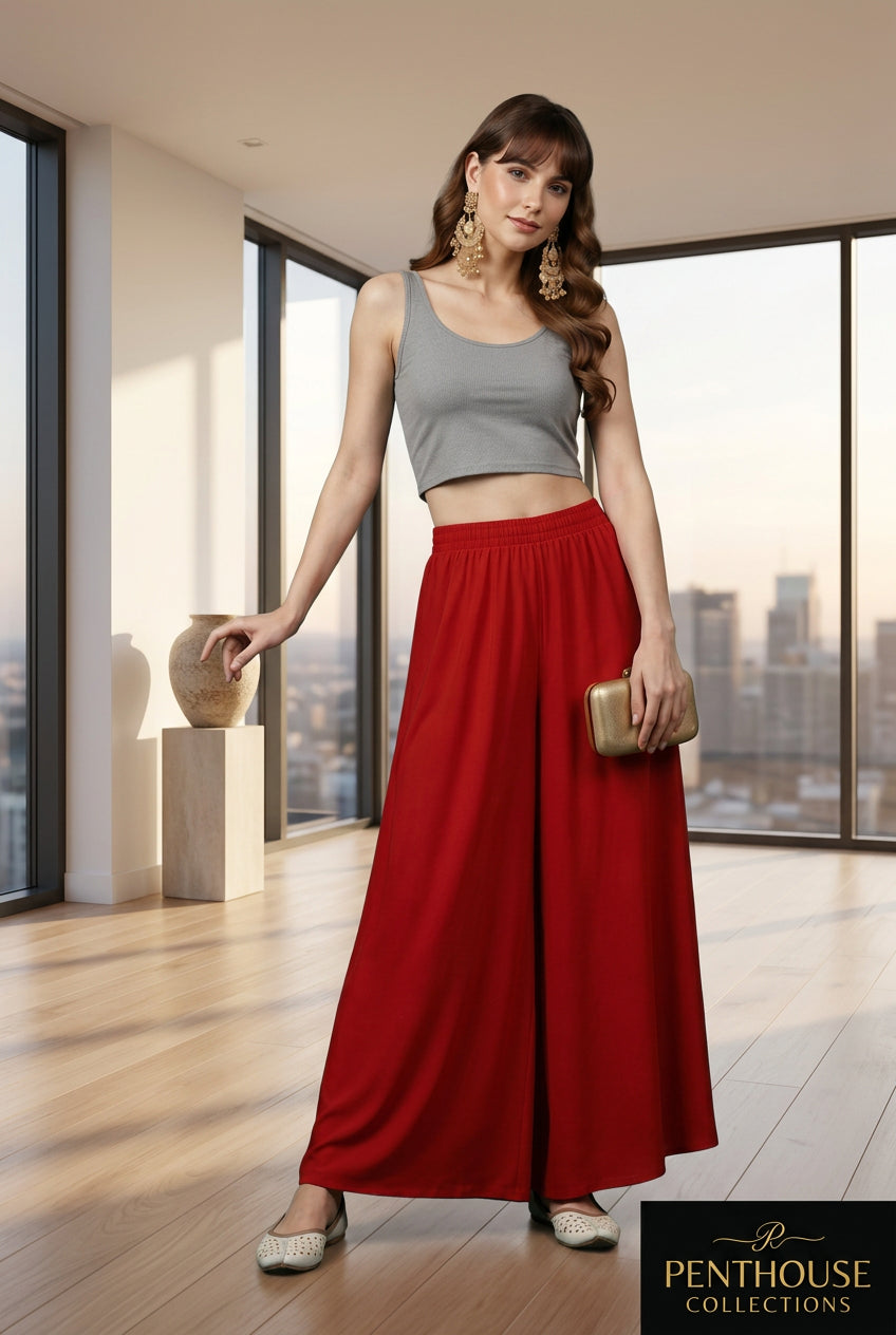 Women's Georgette Solid Mid-Rise Wide Leg Flared Palazzo with Elastic Waist (Red) - POPNOVA women's bottom wear