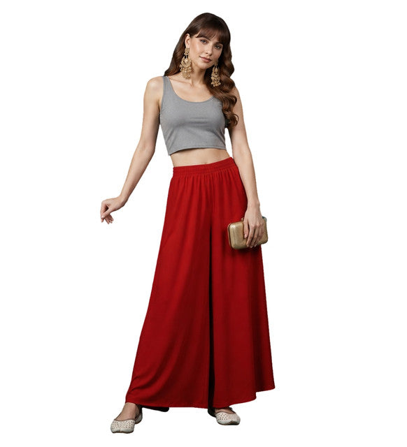 Women's Georgette Solid Mid-Rise Wide Leg Flared Palazzo with Elastic Waist (Red) - POPNOVA women's bottom wear