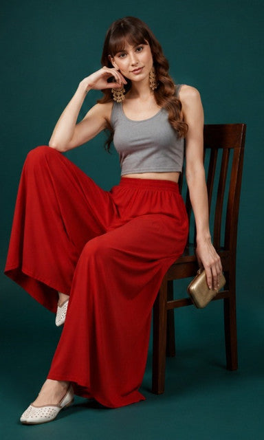 Women's Georgette Solid Mid-Rise Wide Leg Flared Palazzo with Elastic Waist (Red) - POPNOVA women's bottom wear