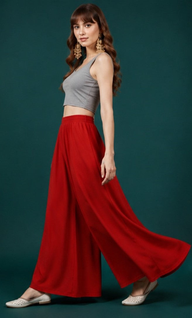 Women's Georgette Solid Mid-Rise Wide Leg Flared Palazzo with Elastic Waist (Red) - POPNOVA women's bottom wear