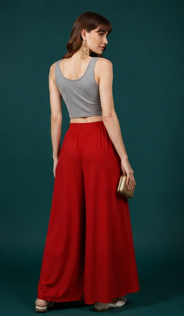 Women's Georgette Solid Mid-Rise Wide Leg Flared Palazzo with Elastic Waist (Red) - POPNOVA women's bottom wear