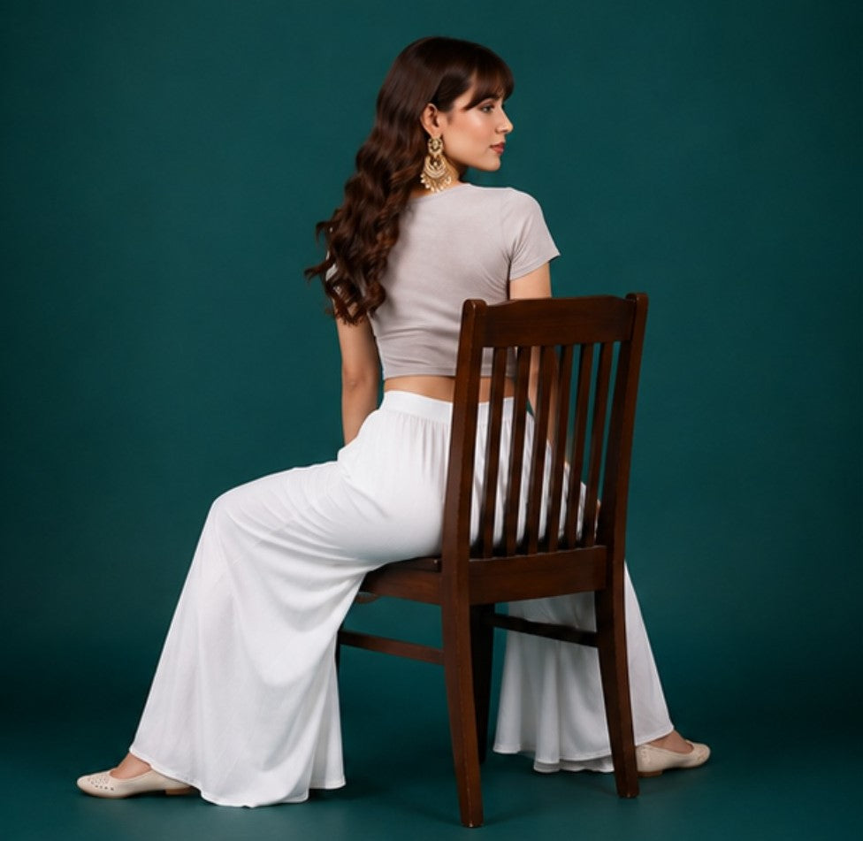 Women's Georgette Solid Mid-Rise Wide Leg Flared Palazzo with Elastic Waist (White) - POPNOVA women's bottom wear