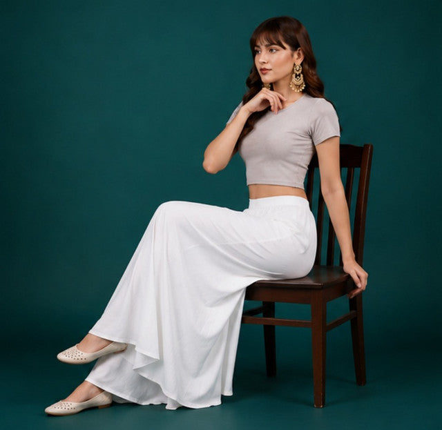 Women's Georgette Solid Mid-Rise Wide Leg Flared Palazzo with Elastic Waist (White) - POPNOVA women's bottom wear
