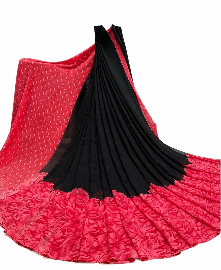 Women's Georgette Printed Saree With Unstitched Blouse 5.5 Mtr (Black-Dark Pink)