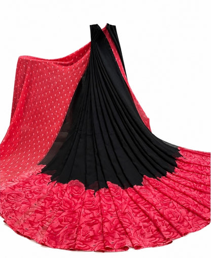 Women's Georgette Printed Saree With Unstitched Blouse 5.5 Mtr (Black-Dark Pink)
