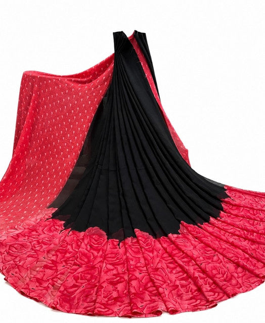 Women's Georgette Printed Saree With Unstitched Blouse 5.5 Mtr (Black-Dark Pink)