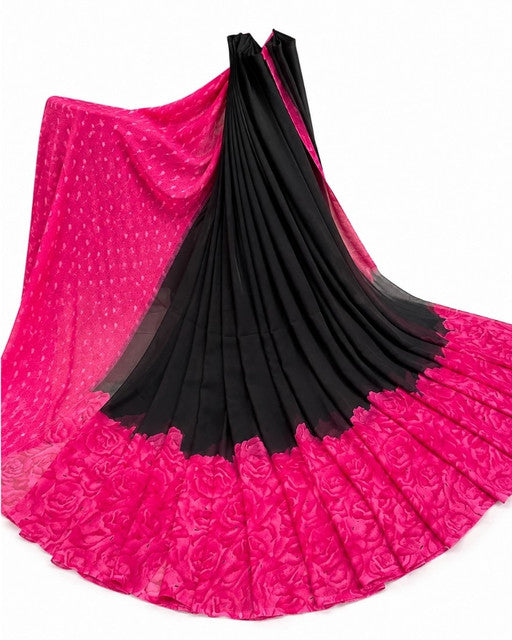 Women's Georgette Printed Saree With Unstitched Blouse 5.5 Mtr (Black-Pink)