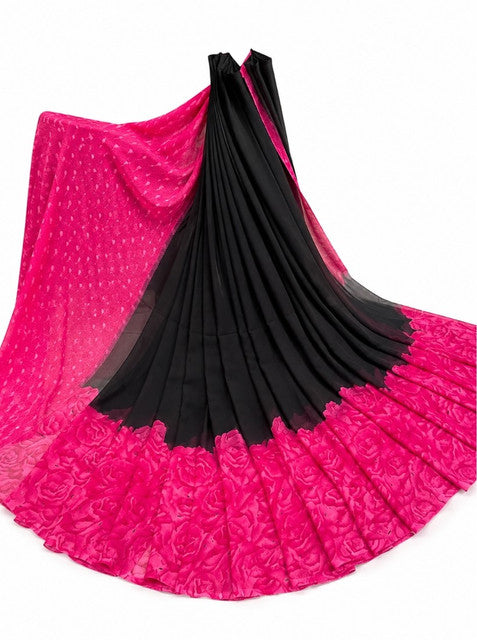 Women's Georgette Printed Saree With Unstitched Blouse 5.5 Mtr (Black-Pink)