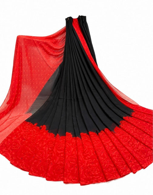 Women's Georgette Printed Saree With Unstitched Blouse 5.5 Mtr (Black-Red)