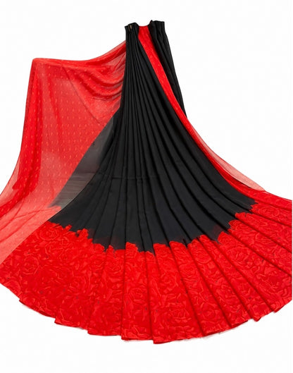 Women's Georgette Printed Saree With Unstitched Blouse 5.5 Mtr (Black-Red)