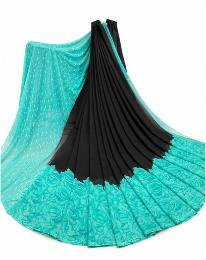 Women's Georgette Printed Saree With Unstitched Blouse 5.5 Mtr (Black-Turquoise)