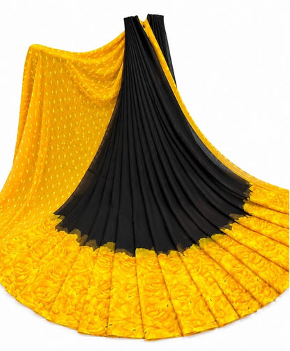 Women's Georgette Printed Saree With Unstitched Blouse 5.5 Mtr (Black-Yellow)