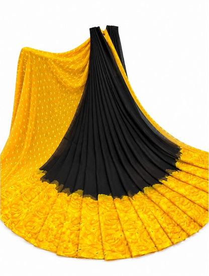 Women's Georgette Printed Saree With Unstitched Blouse 5.5 Mtr (Black-Yellow)