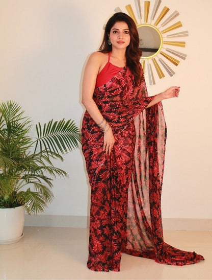 Women's Georgette Printed Saree With Unstitched Blouse 5.5 Mtr (Black-Red)