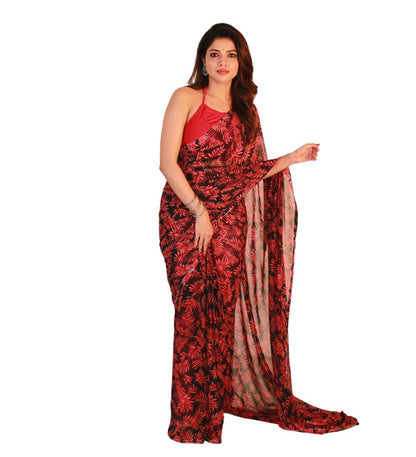 Women's Georgette Printed Saree With Unstitched Blouse 5.5 Mtr (Black-Red)