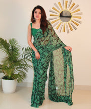 Women's Georgette Printed Saree With Unstitched Blouse 5.5 Mtr (Black-Green)