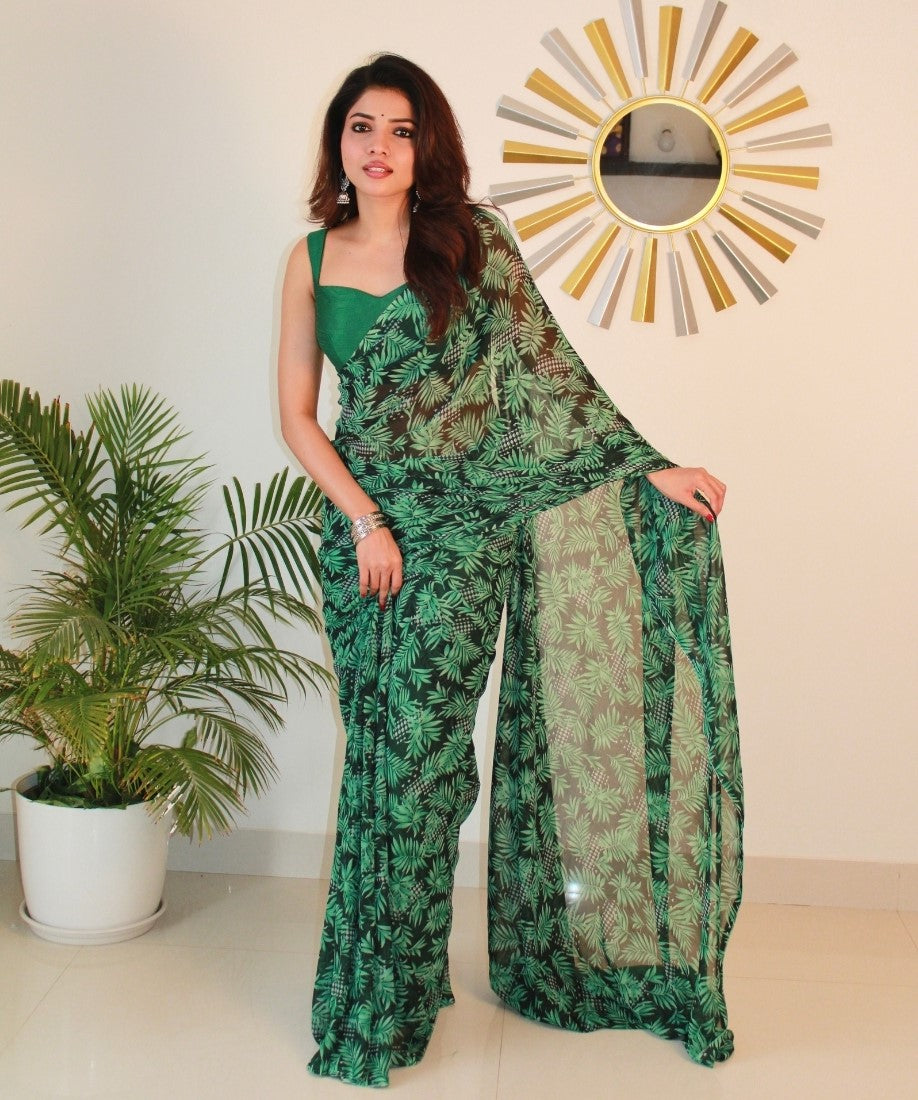 Women's Georgette Printed Saree With Unstitched Blouse 5.5 Mtr (Black-Green)
