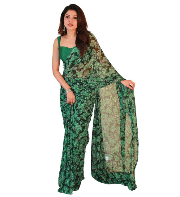 Women's Georgette Printed Saree With Unstitched Blouse 5.5 Mtr (Black-Green)