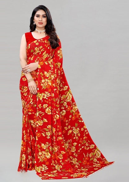 Women's Georgette Floral Printed Saree With Unstitched Blouse 5.5 Mtr (Red)