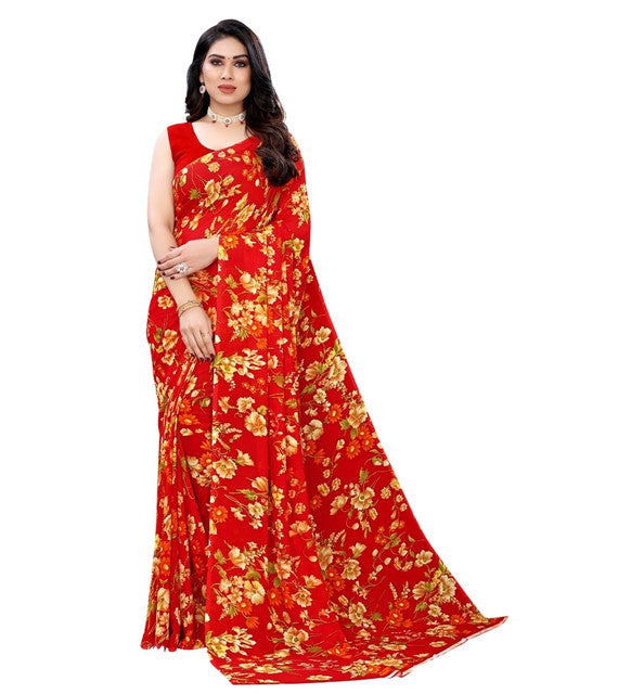 Women's Georgette Floral Printed Saree With Unstitched Blouse 5.5 Mtr (Red)
