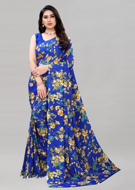 Women's Georgette Floral Printed Saree With Unstitched Blouse 5.5 Mtr (Royal Blue)
