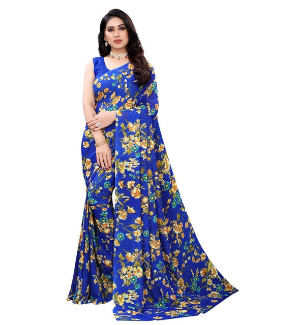 Women's Georgette Floral Printed Saree With Unstitched Blouse 5.5 Mtr (Royal Blue)