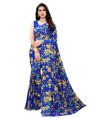 Women's Georgette Floral Printed Saree With Unstitched Blouse 5.5 Mtr (Royal Blue)