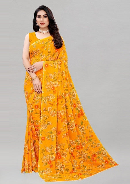 Women's Georgette Floral Printed Saree With Unstitched Blouse 5.5 Mtr (Yellow)
