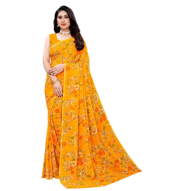 Women's Georgette Floral Printed Saree With Unstitched Blouse 5.5 Mtr (Yellow)