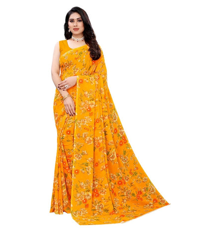 Women's Georgette Floral Printed Saree With Unstitched Blouse 5.5 Mtr (Yellow)