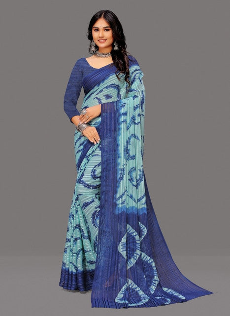 Women's Georgette Striped Printed Saree With Unstitched Blouse 5.5 Mtr (Blue)