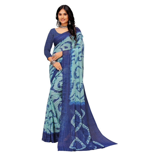 Women's Georgette Striped Printed Saree With Unstitched Blouse 5.5 Mtr (Blue)